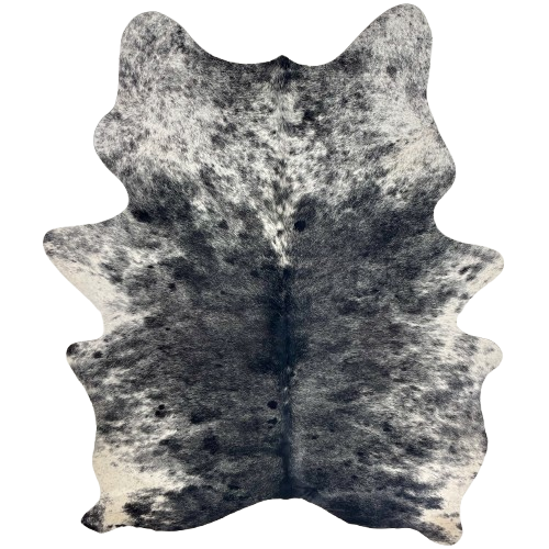 Black and White Speckled Brazilian Cowhide: black with white speckles on the back, and white with black spots and spots on the belly, shoulder, and shanks - 7'4" x 5'4" (BRSP3713)