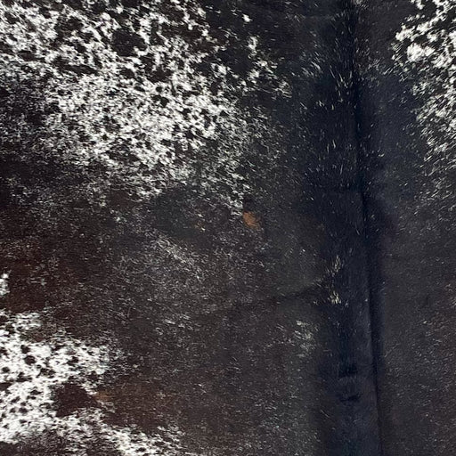 Closeup of this Speckled Brazilian Cowhide, showing white with black and dark brown speckles and spots (BRSP3714)