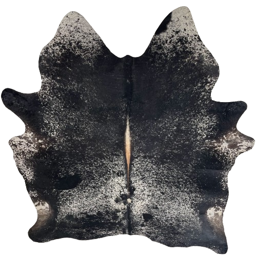 Black and White Speckled Brazilian Cowhide: black with white speckles and spots, brown down the spine, and one brand mark on the left side of the back - 6'11" x 5'7" (BRSP3717)