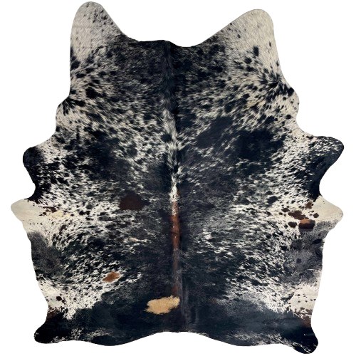 XL Black and White Speckled Brazilian Cowhide: white with black speckles and spots, a few small, brown, spots, and brown down part of the spine - 8' x 6'3" (BRSP3719)