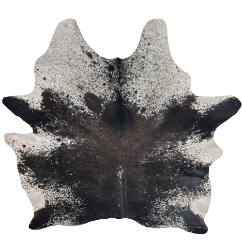 Dark Tricolor Speckled Brazilian Cowhide: white with black speckles and spots, and a mix of black and dark brown down the middle - 7'4" x 6'3" (BRSP3720)