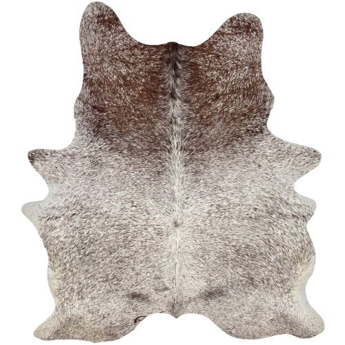 White and Brown Speckled Brazilian Cowhide: white with brown speckes aned spots, and one brand mark on the left side of the butt - 6'11" x 5'1" (BRSP3725)