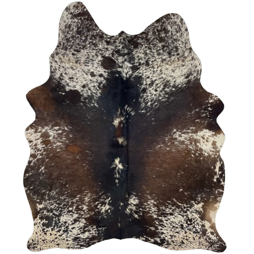 Dark Brown and White Speckled Brazilian Cowhide: white with dark brown and dark reddish brown speckles and spots - 6'9" x 5'1" (BRSP3726)