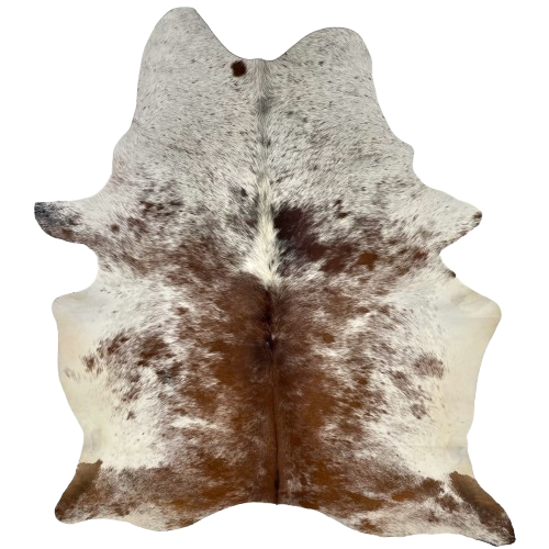 Reddish Brown and White Speckled Brazilian Cowhide: white with reddish brown and dark brown speckles and spots - 6'10" x 5' (BRSP3732)