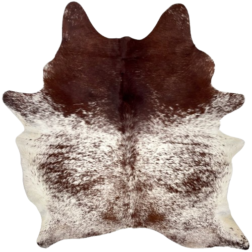 White and Dk Reddish Brown Speckled Brazilian Cowhide: white with dark reddish brown speckles and spots, and mostly solid reddish brown on the shoulder - 6'8" x 5'4" (BRSP3734)