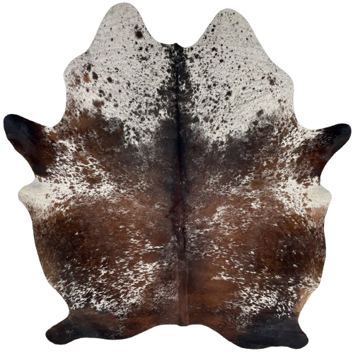 Brown and White Speckled Brazilian Cowhide: brown with white speckles and spots, and white with brown speckles on the shoulder - 6'6" x 5'1" (BRSP3735)