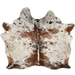 Tricolor Speckled Brazilian Cowhide: ivory with reddish brown and black speckles and spots, one brand mark on the right side of the back, and another on the right side of the butt - 6' x 5'8" (BRSP3736)