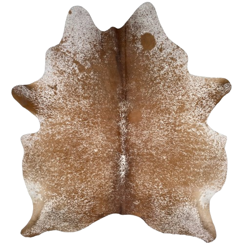 Brown and White Speckled Brazilian Cowhide: brown with white speckles and spots, and one brand mark on the right side of the back - 6'9" x 5'6" (BRSP3738)
