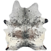 Tricolor Speckled Brazilian Cowhide: white with black and brown speckles and spots, and one brand mark on the right, hind shank - 7'3" x 5'2" (BRSP3747)