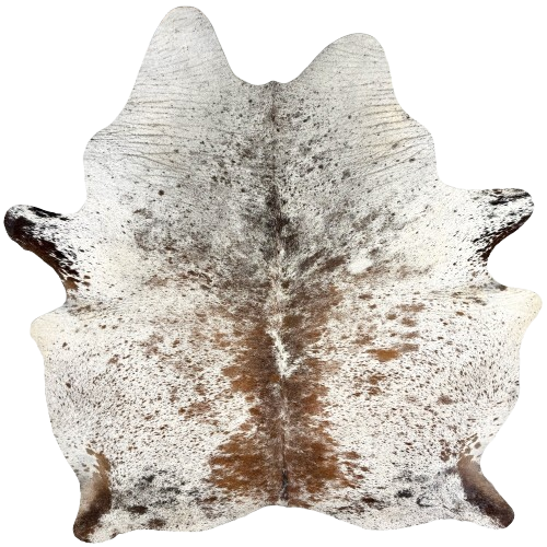 Brown and White Speckled Brazilian Cowhide:  white with brown speckles and spots, and two brand marks on the left side of the butt  - 7'4" x 6'1" (BRSP3759)