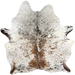 Brown and White Speckled Brazilian Cowhide:  white with brown speckles and spots, and two brand marks on the left side of the butt  - 7'4" x 6'1" (BRSP3759)