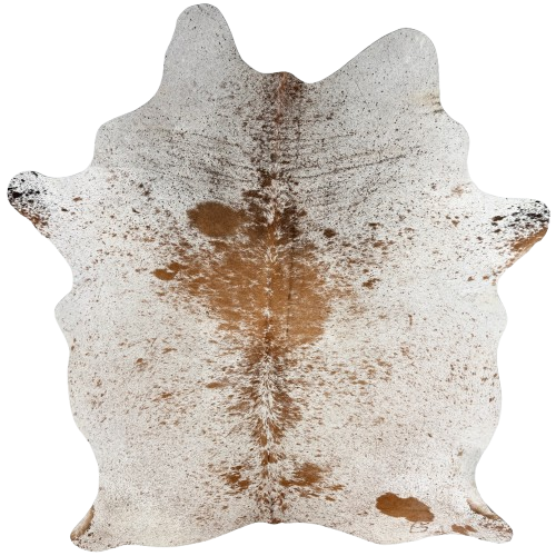 Large White and Brown Speckled Brazilian Cowhide: white with brown speckles and spots, and one brand mark on the right side of the butt - 7'6" x 5'5" (BRSP3765)