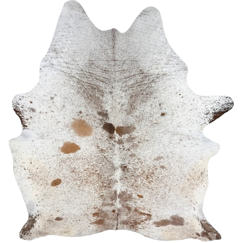 Large White and Brown Speckled Brazilian Cowhide: white with brown speckles and spots, and one brand mark on the right side of the butt - 7'7" x 5'9" (BRSP3766)
