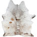 Large White and Brown Speckled Brazilian Cowhide: white with brown speckles and spots, and one brand mark on the right side of the butt - 7'7" x 5'9" (BRSP3766)