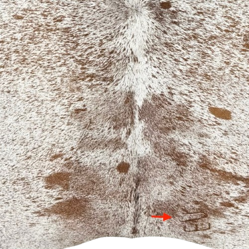 Closeup of this Large White and Brown Speckled Brazilian Cowhide, showing one brand mark on the right side of the butt  (BRSP3766)