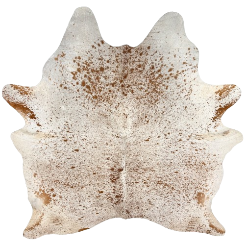 Large Brown and White Speckled Brazilian Cowhide: white with brown speckles and spots, one brand mark on the left side of the butt, and three on the right hind shank - 7'7"x. 6'4" (BRSP3768)