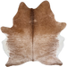 XL Brown and White Speckled Brazilian Cowhide: brown with white speckles and spots, and white on the belly, and one brand mark on the left side of the butt  - 8'1" x 6'9" (BRSP3775)