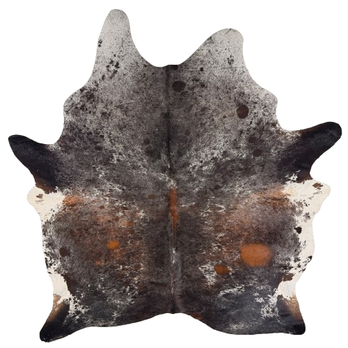 Tricolor Speckled Brazilian Cowhide: has a mix of black and brown with white speckles and spots, two brand marks on the left side and one on the right side of the butt - 7'5" x 6' (BRSP3778)
