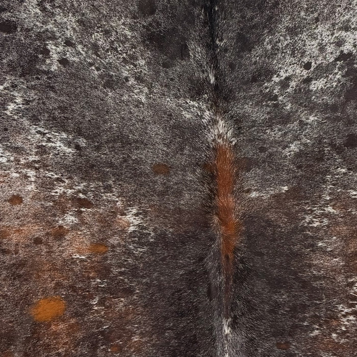 Closeup of this Tricolor Speckled Brazilian Cowhide, showing a mix of black and brown with white speckles and spots (BRSP3778)