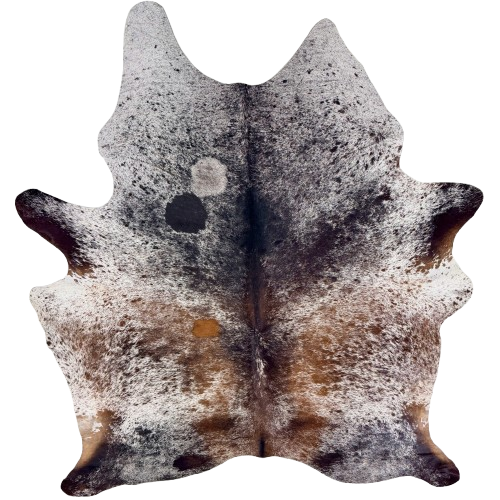 Tricolor Speckled Brazilian Cowhide: white with brown and black speckles and spots, one brand mark on the left side of the butt - 7' x 5'8" (BRSP3780)