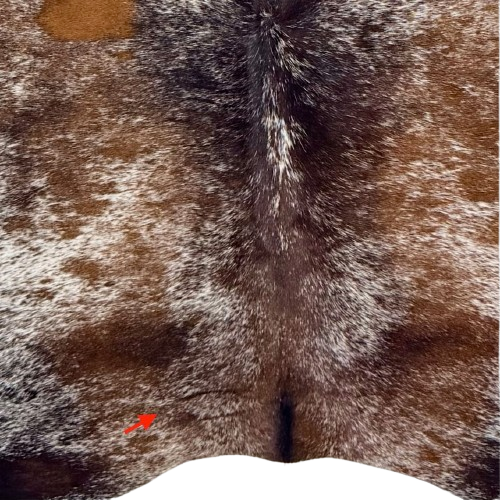 Closeup of this Tricolor Speckled Brazilian Cowhide, showing one brand mark on the left side of the butt (BRSP3780)