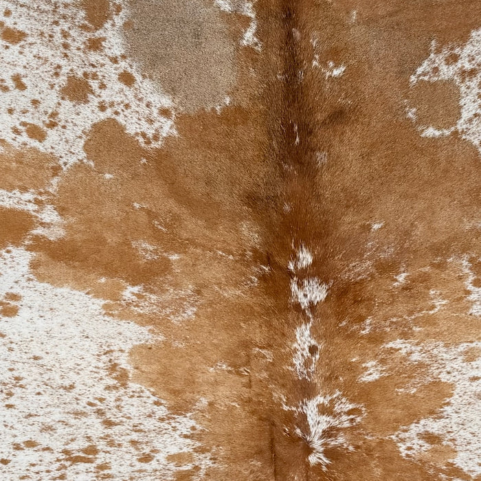 closeup of this Large Speckled Brazilian Cowhide, showing white with caramel speckles and spots (BRSP3781)