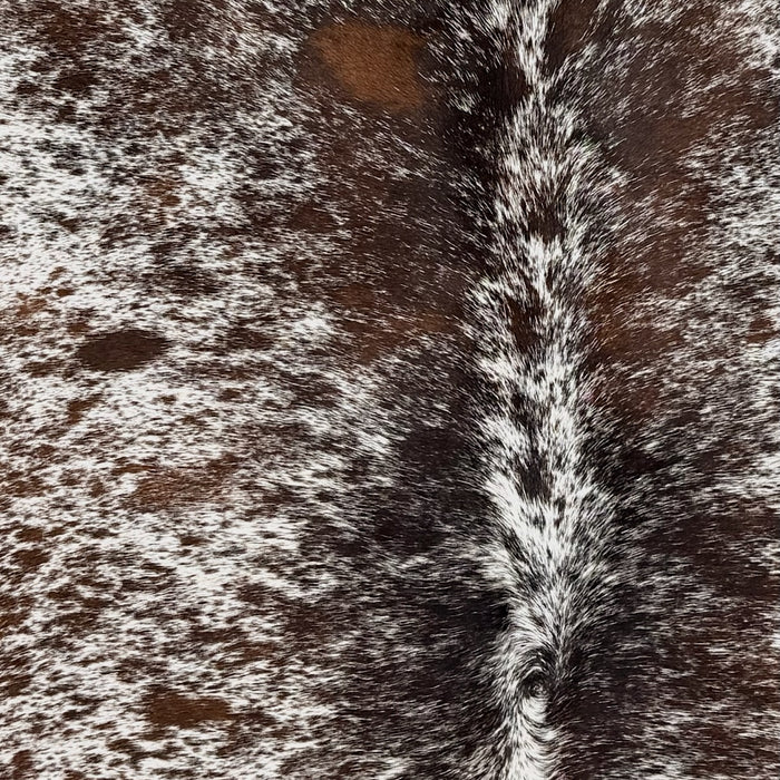 Closeup of t his Large Tricolor Speckled Brazilian Cowhide, showing white with brown and black speckles and spots  (BRSP3783)