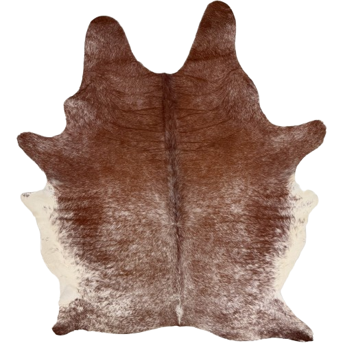XL Reddish Brown and White Speckled Brazilian Cowhide: reddish brown with white speckles, and white on the belly  - 8'3" x 5'11" (BRSP3785)
