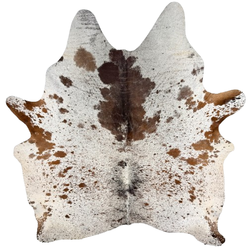 Large Tricolor Speckled Brazilian Cowhide: white with brown and black speckles and spots, and one brand mark on the left side of the butt - 7'7" x 6'1"(BRSP3786)