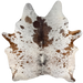 Large Tricolor Speckled Brazilian Cowhide: white with brown and black speckles and spots, and one brand mark on the left side of the butt - 7'7" x 6'1"(BRSP3786)