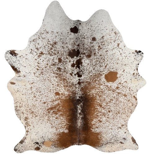 Brown and White Speckled Brazilian Cowhide: white with reddish brown and dark brown speckles and spots, and one brand mark on the left side of the butt - 7'1" x 5'6" (BRSP3788)