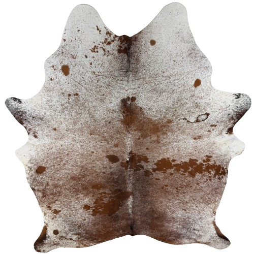 Large Reddish Brown and White Speckled Brazilian Cowhide: white with reddish brown and black speckles and spots, one brand mark on the right side of the back and another on the right side of the butt -  7'11" x 6' (BRSP3789)