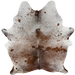 Large Reddish Brown and White Speckled Brazilian Cowhide: white with reddish brown and black speckles and spots, one brand mark on the right side of the back and another on the right side of the butt -  7'11" x 6' (BRSP3789)