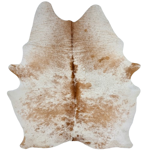 Large Caramel and White Speckled Brazilian Cowhide: white with caramel speckles and spots, reddish brown spots on part of the spine, and one brand mark on the right side of the butt - 7'9" x 5'11" (BRSP3790)