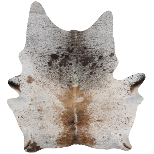 XL Tricolor Speckled Brazilian Cowhide:  white with brown, dark brown, and black speckles and spots - 8' x 6'4" (BRSP3791)