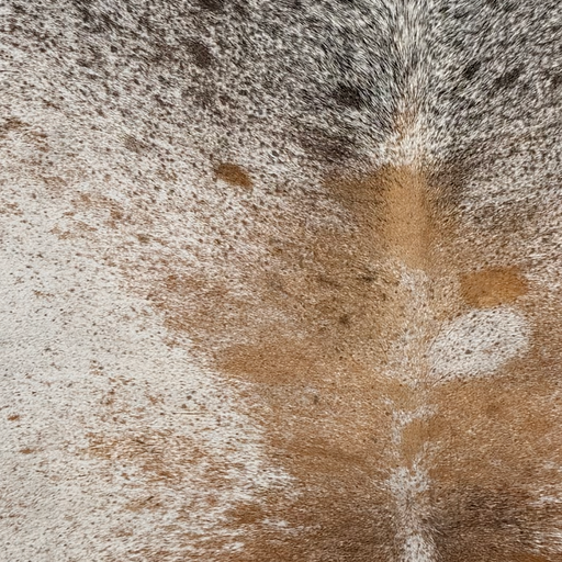 Closeup of this XL Tricolor Speckled Brazilian Cowhide, showing white with brown, dark brown, and black speckles and spots (BRSP3791)