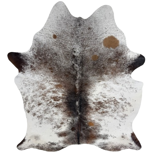 Tricolor Speckled Brazilian Cowhide:  white with black and brown speckles and spots, and two brand marks on the left side of the back - 7'2" x 5'2" (BRSP3792)