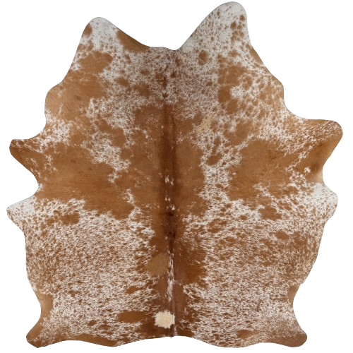 Brown and White Speckled Brazilian Cowhide:  white with brown spots and speckles, and one brand mark on the left side of the butt - 6'11" x 5'9" (BRSP3793)