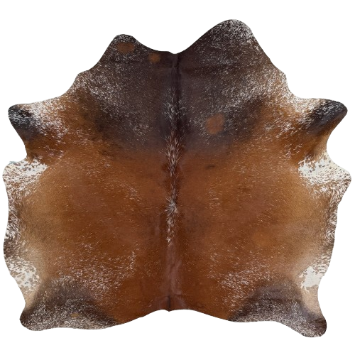 Brown and White Speckled Brazilian Cowhide: reddish brown, golden brown, and dark brown, with white speckles, and one brand mark on the left side of the butt  - 6' x 6'4"(BRSP3794)