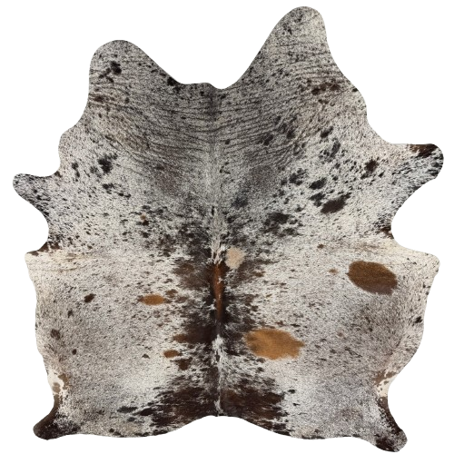 Large Tricolor Speckled Brazilian Cowhide: white with black and brown speckles and spots - 7'6" x 6'3" (BRSP3798)