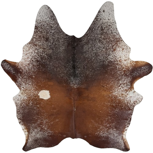 Large Tricolor Speckled Brazilian Cowhide: white with red brown, dark brown, and black speckles and spots, and mostly solid red brown down the middle of the back - 7'6" x 5'11" (BRSP3800)