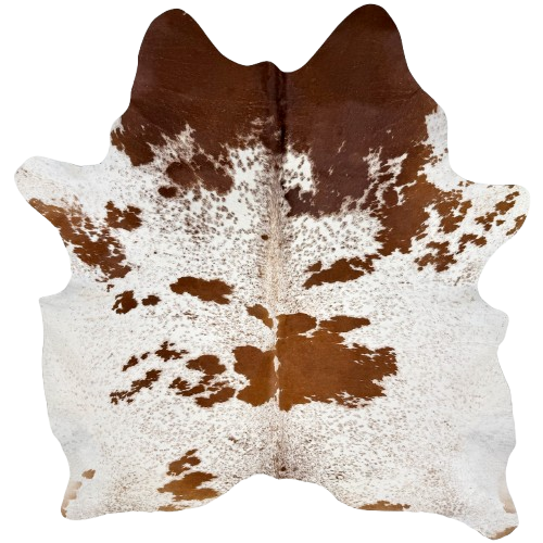 Reddish Brown and White Cloudy Speckled Brazilian Cowhide: white with cloudy, reddish brown speckles and spots, and one brand mark on the left side of the butt - 7' x 6'5"   (BRSP3805)
