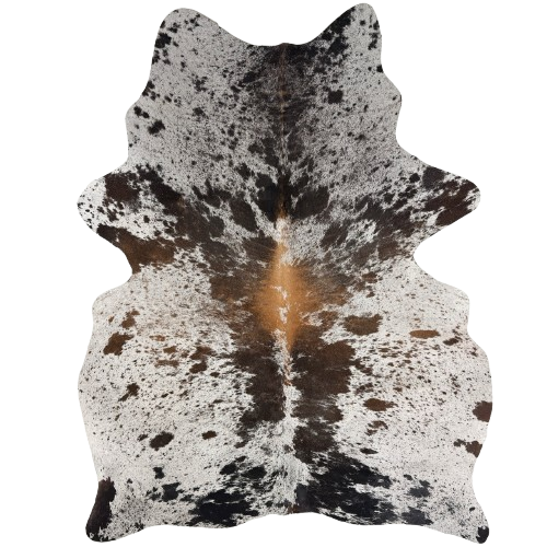 Tricolor Speckled Brazilian Cowhide: off-white with brown and black speckles and spots, one brand mark on the left side of the back, and another on the right side of the butt - 6'11" x 5'3" (BRSP3806)