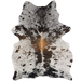Tricolor Speckled Brazilian Cowhide: off-white with brown and black speckles and spots, one brand mark on the left side of the back, and another on the right side of the butt - 6'11" x 5'3" (BRSP3806)