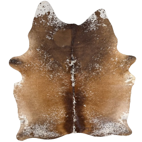 Large Brown and White Speckled Brazilian Cowhide:  brown with white speckles and spots, and two brand marks on the right side of the butt - 7'10" x 5'7" (BRSP3808)