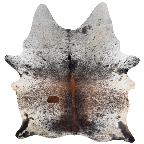Large Tricolor Speckled Brazilian Cowhide: white with reddish brown and black speckles and spots, and off-white on the belly, butt, and hind shanks - 7'9" x 5'9" (BRSP3809)