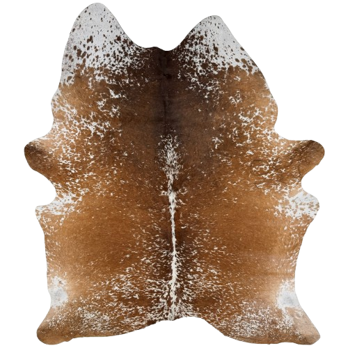 Large Brown and White Speckled Brazilian Cowhide: brown with white speckles and spot, and one brand mark near the right fore shank - 7'6" x 5'5" (BRSP3810)