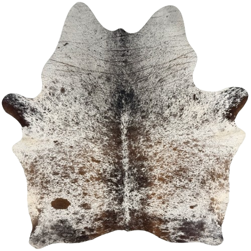 Tricolor Speckled Brazilian Cowhide: white with brown and black speckles and spots, and two brand marks on the left side of the butt - 7' x 5'10"  (BRSP3813)