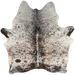 Tricolor Speckled Brazilian Cowhide: white with brown and black speckles and spots, and two brand marks on the left side of the butt - 7' x 5'10"  (BRSP3813)