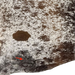 Closeup of this Tricolor Speckled Brazilian Cowhide, showing two brand marks on the left side of the butt (BRSP3813)